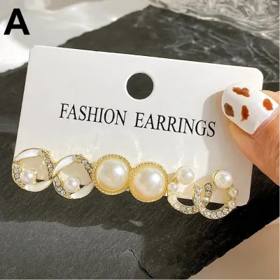 Faux Pearl Moon Geometric Stud Earrings Set (3 pairs)